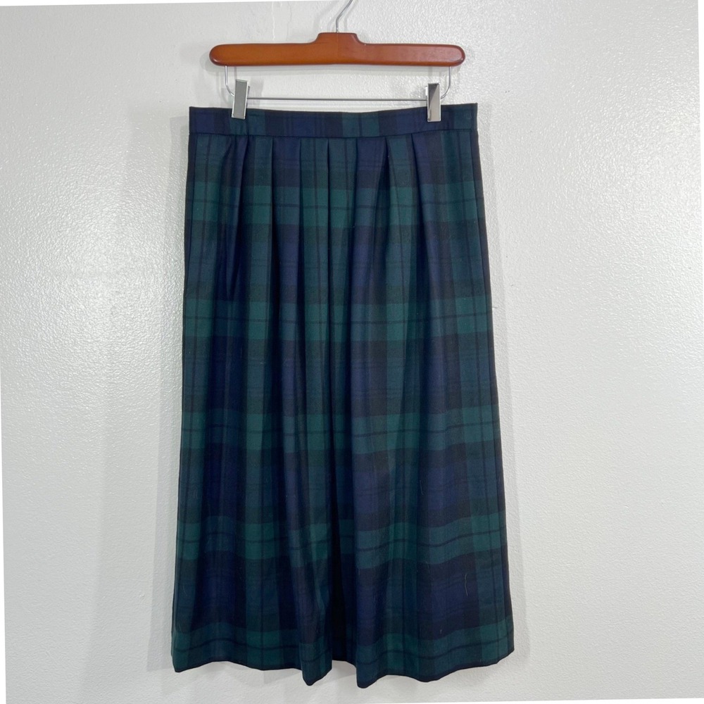 Vtg. Lands' End Women 14P Black Watch Tartan Plaid Pure Wool Kilt Skirt Scotland